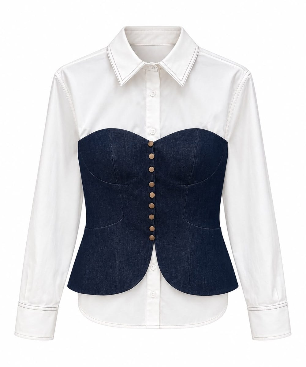 Denim Korse Detaylı Poplin Gömlek