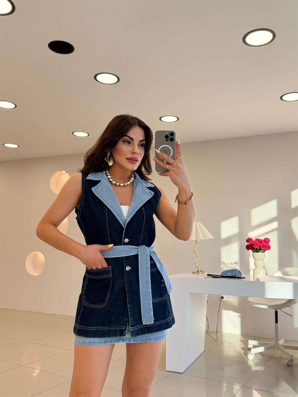 DENİM KUŞAKLI İKİLİ TASARIM TAKIM
