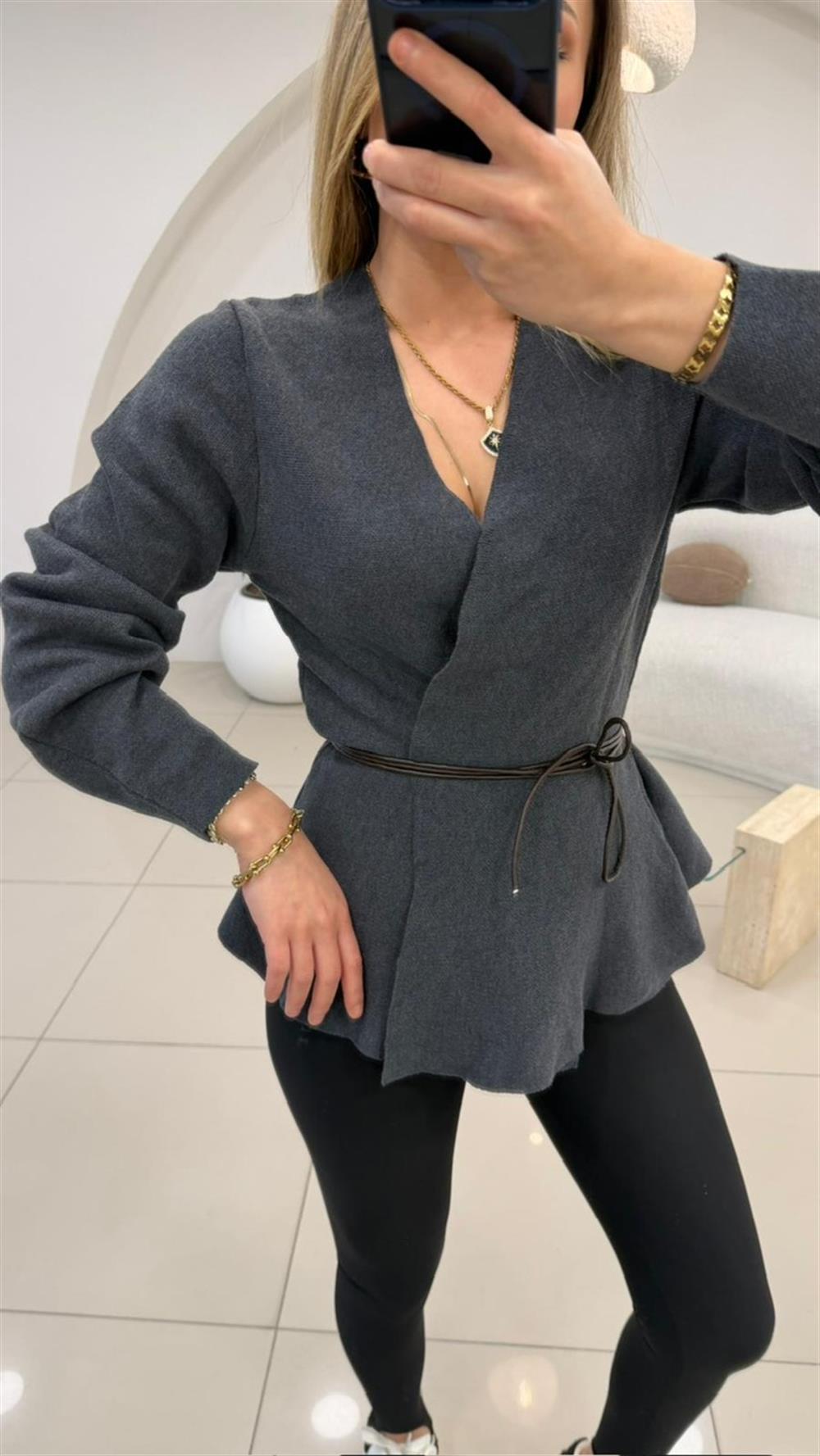 DERİ İP DETAYLI HIRKA ANTRASİT