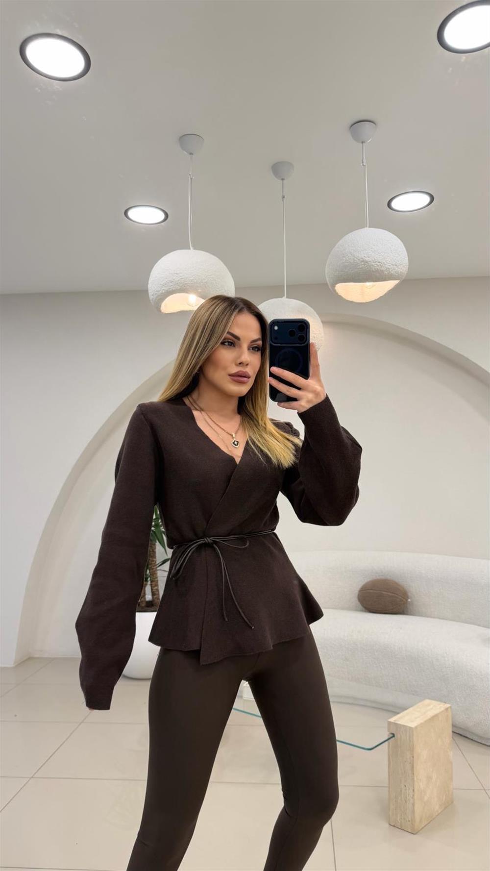 DERİ İP DETAYLI HIRKA KAHVE