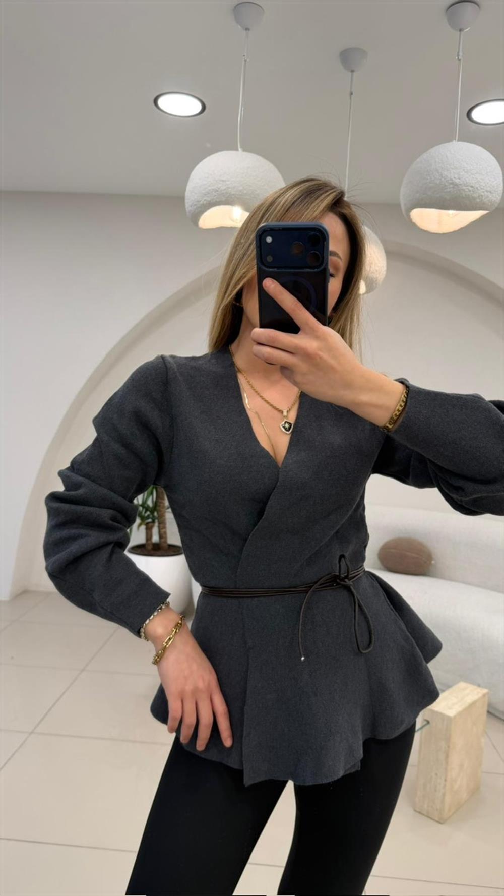 DERİ İP DETAYLI HIRKA ANTRASİT