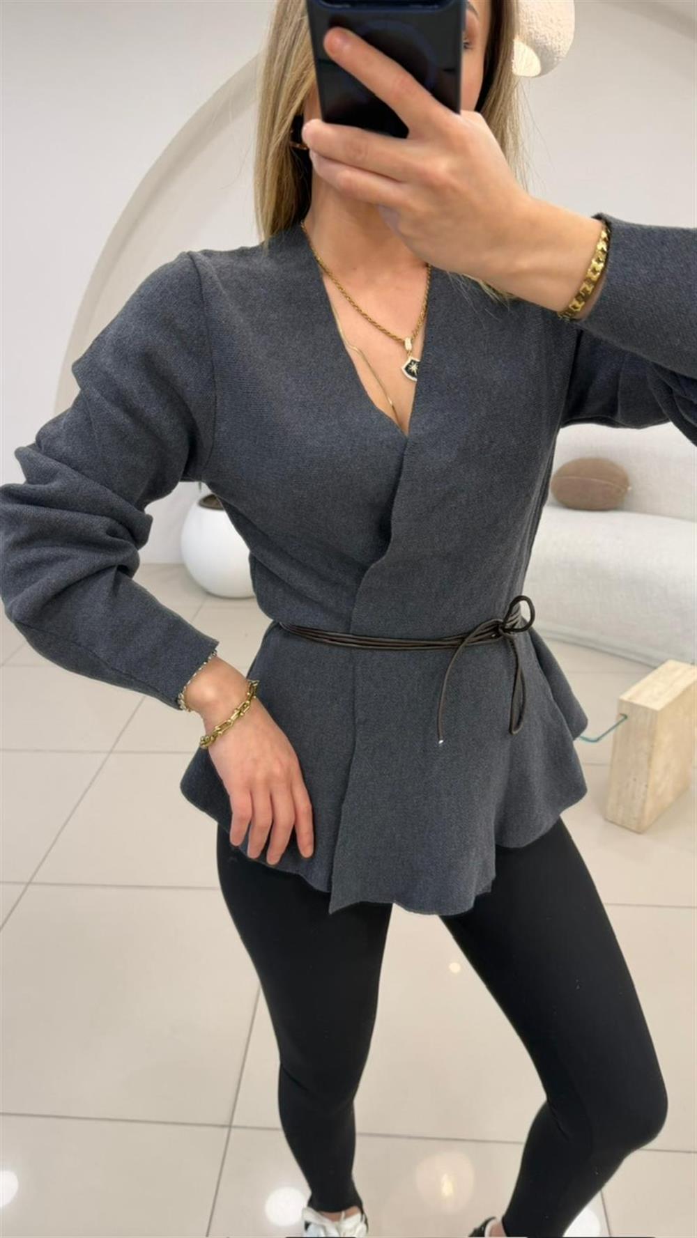 DERİ İP DETAYLI HIRKA ANTRASİT