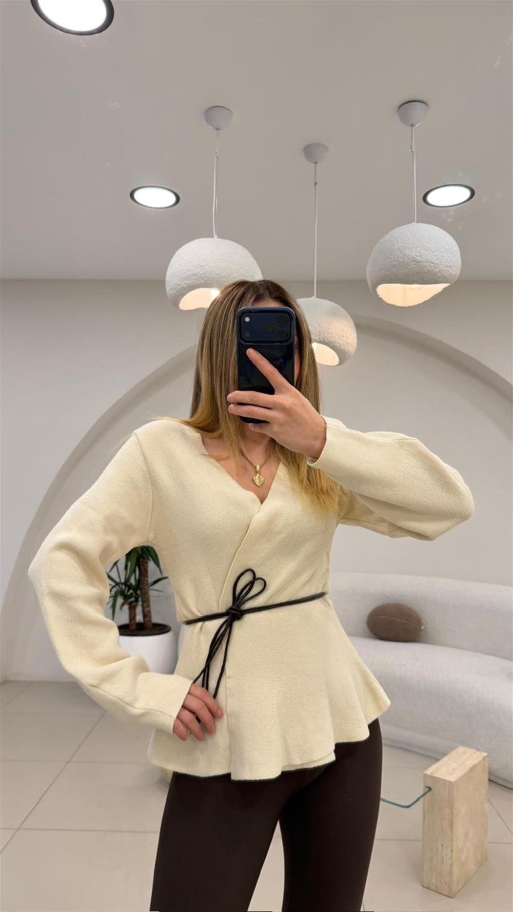 DERİ İP DETAYLI HIRKA EKRU