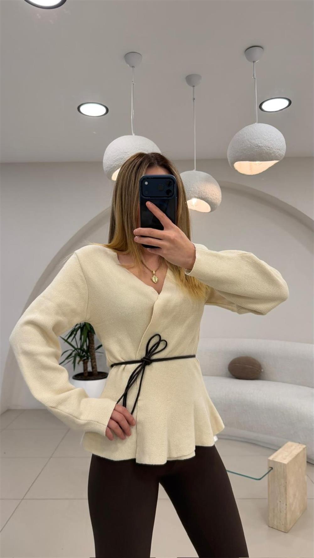 DERİ İP DETAYLI HIRKA EKRU