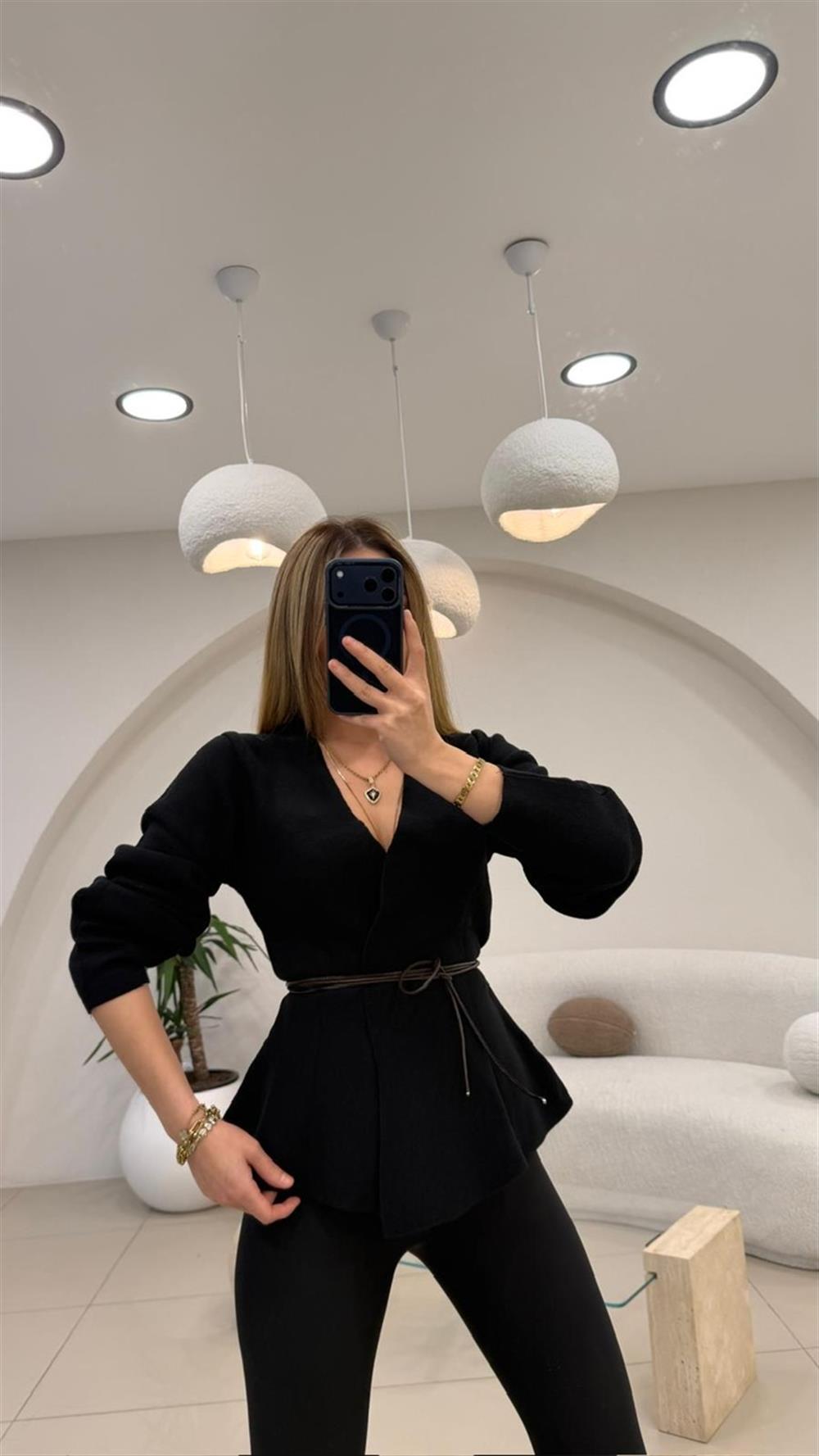 DERİ İP DETAYLI HIRKA SİYAH