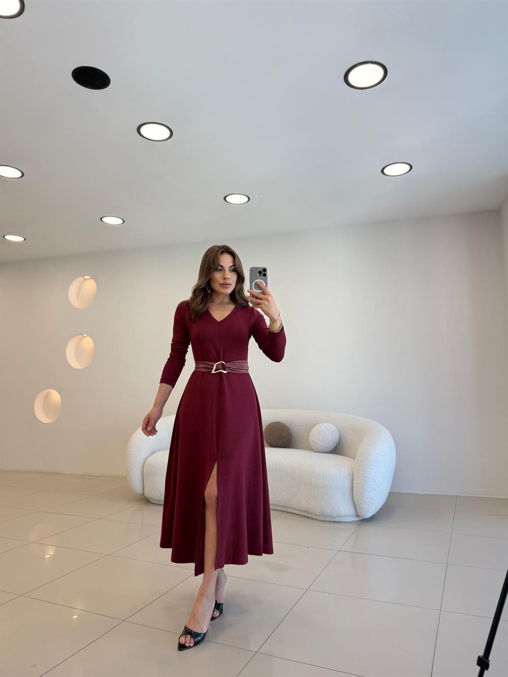 DERİ KEMER DETAYLI ELBİSE BORDO 