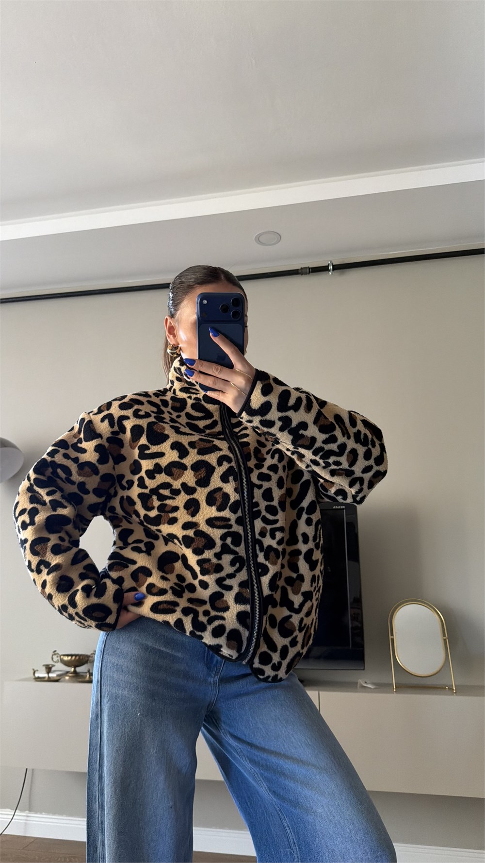 Desenli Fermuarlı Peluş Leopar Mont