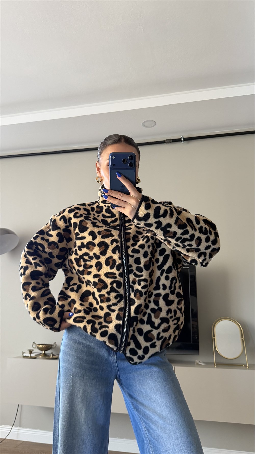 Desenli Fermuarlı Peluş Leopar Mont