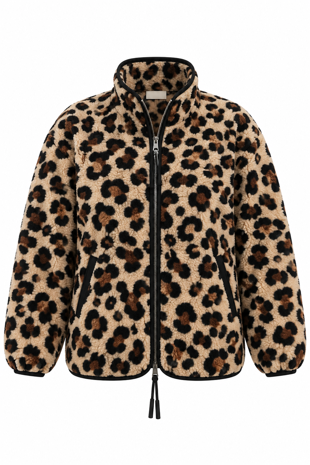 Desenli Fermuarlı Peluş Leopar Mont