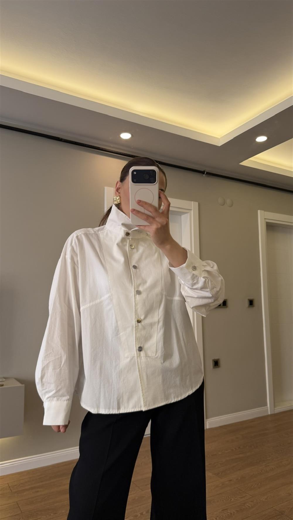 Dik Yaka Çıtlı Poplin Gömlek Beyaz