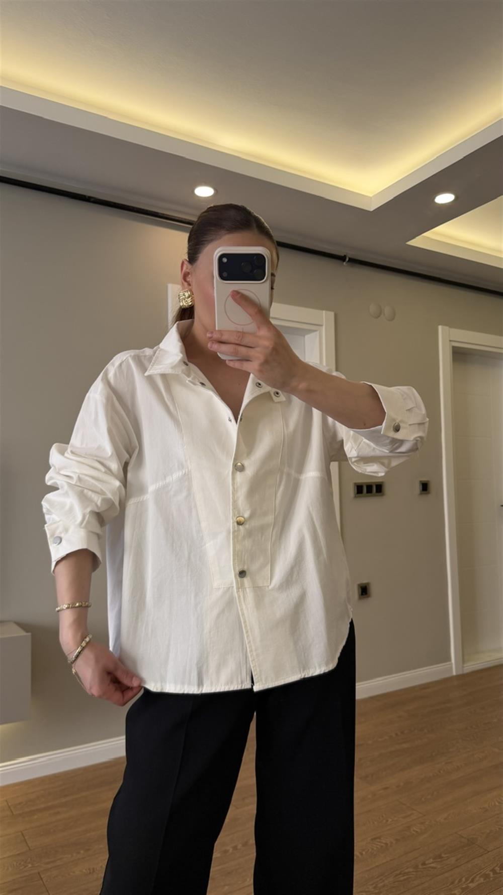 Dik Yaka Çıtlı Poplin Gömlek Beyaz