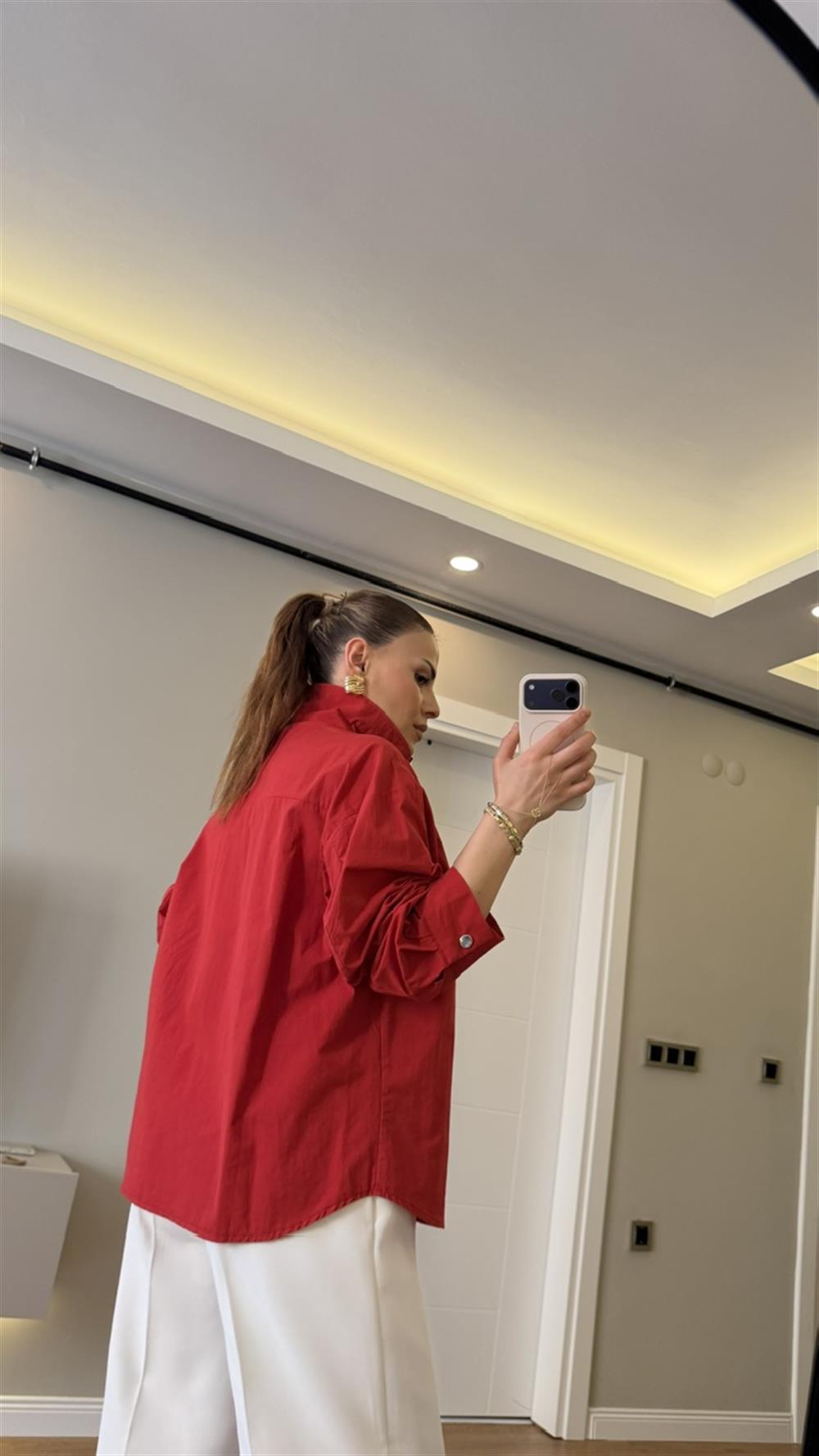 Dik Yaka Çıtlı Poplin Gömlek Kırmızı