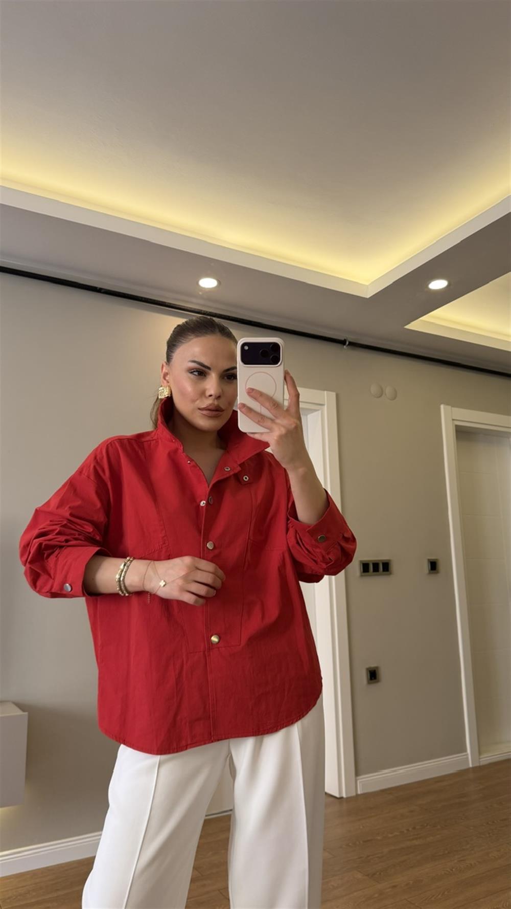 Dik Yaka Çıtlı Poplin Gömlek Kırmızı