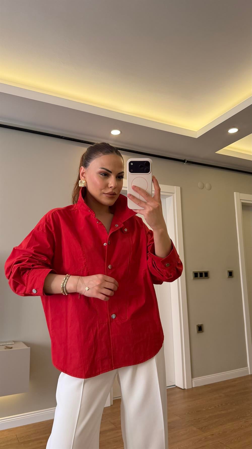 Dik Yaka Çıtlı Poplin Gömlek Kırmızı