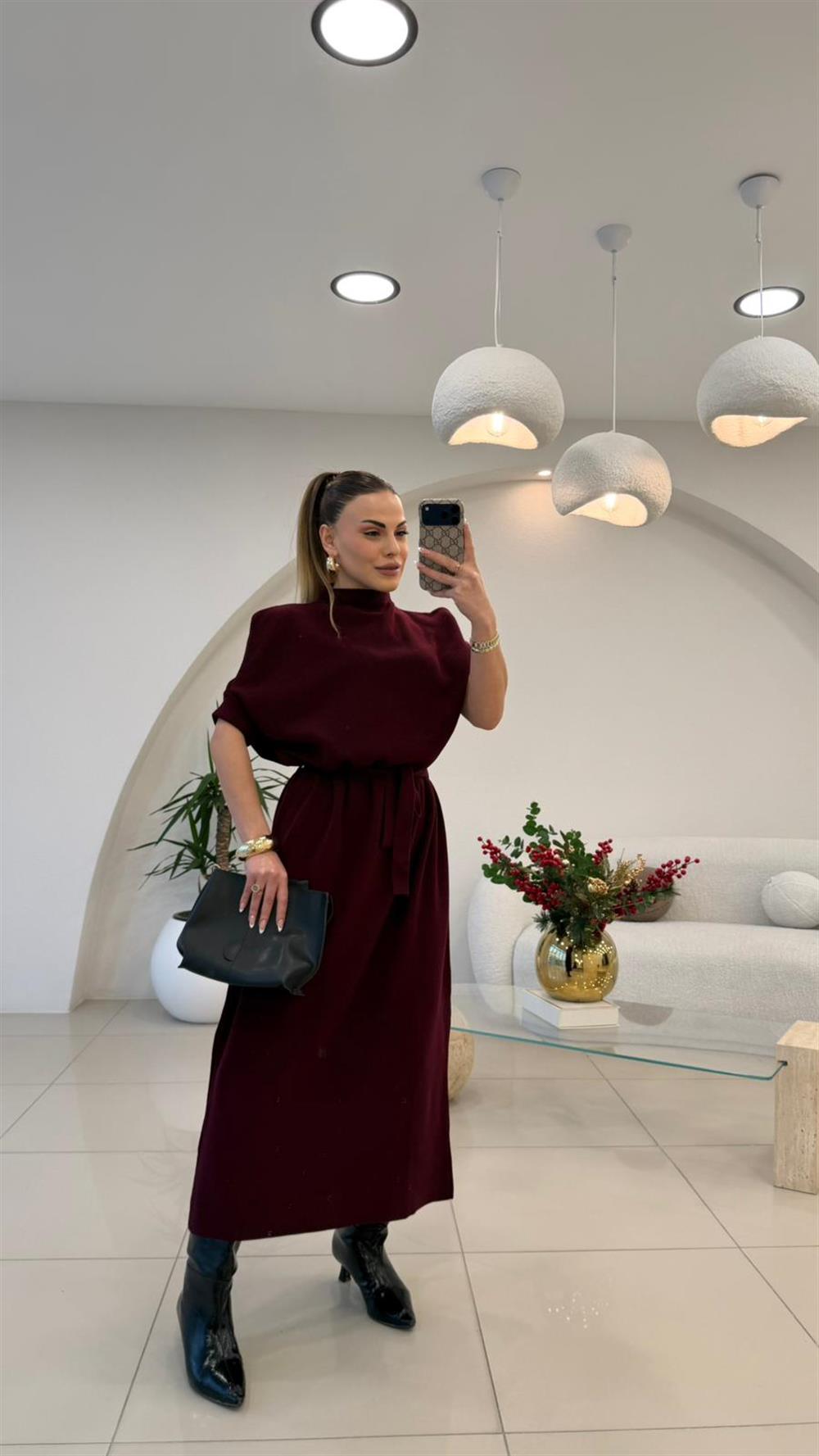 DİK YAKA KISA KOL TRİKO ELBİSE BORDO