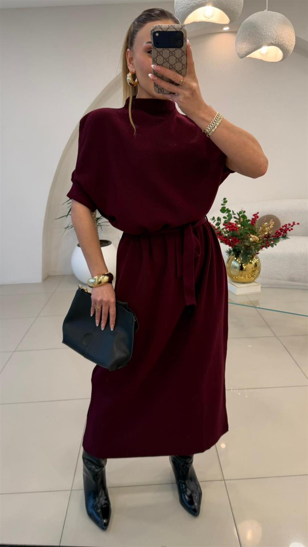 DİK YAKA KISA KOL TRİKO ELBİSE BORDO