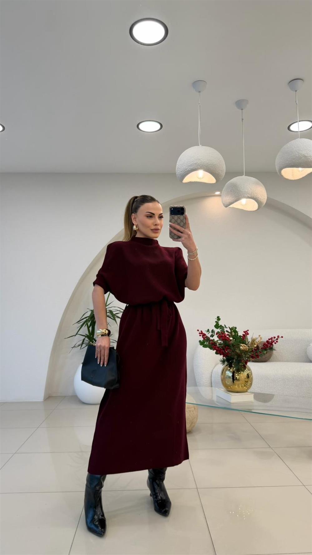 DİK YAKA KISA KOL TRİKO ELBİSE BORDO