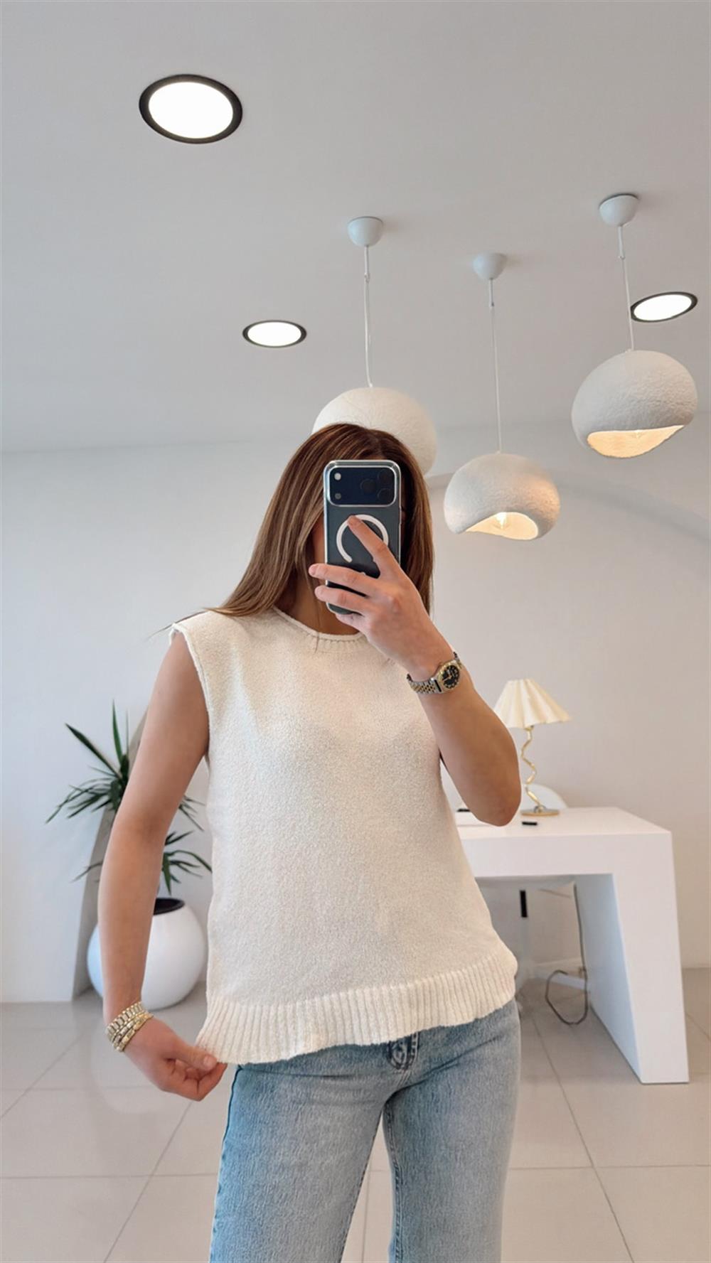 DÜŞÜK KOL EKRU TRİKO BLUZ EKRU