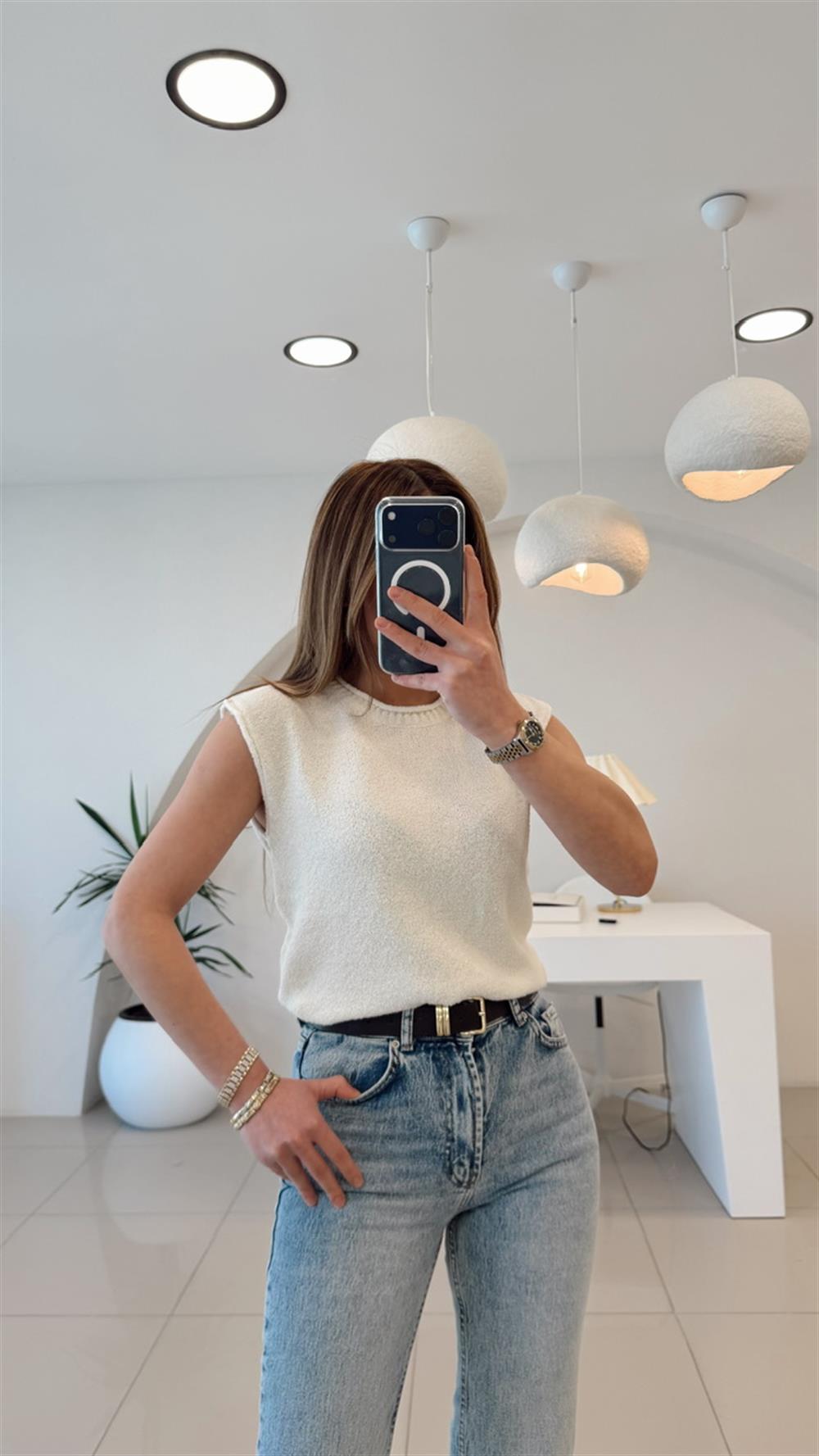 DÜŞÜK KOL EKRU TRİKO BLUZ EKRU