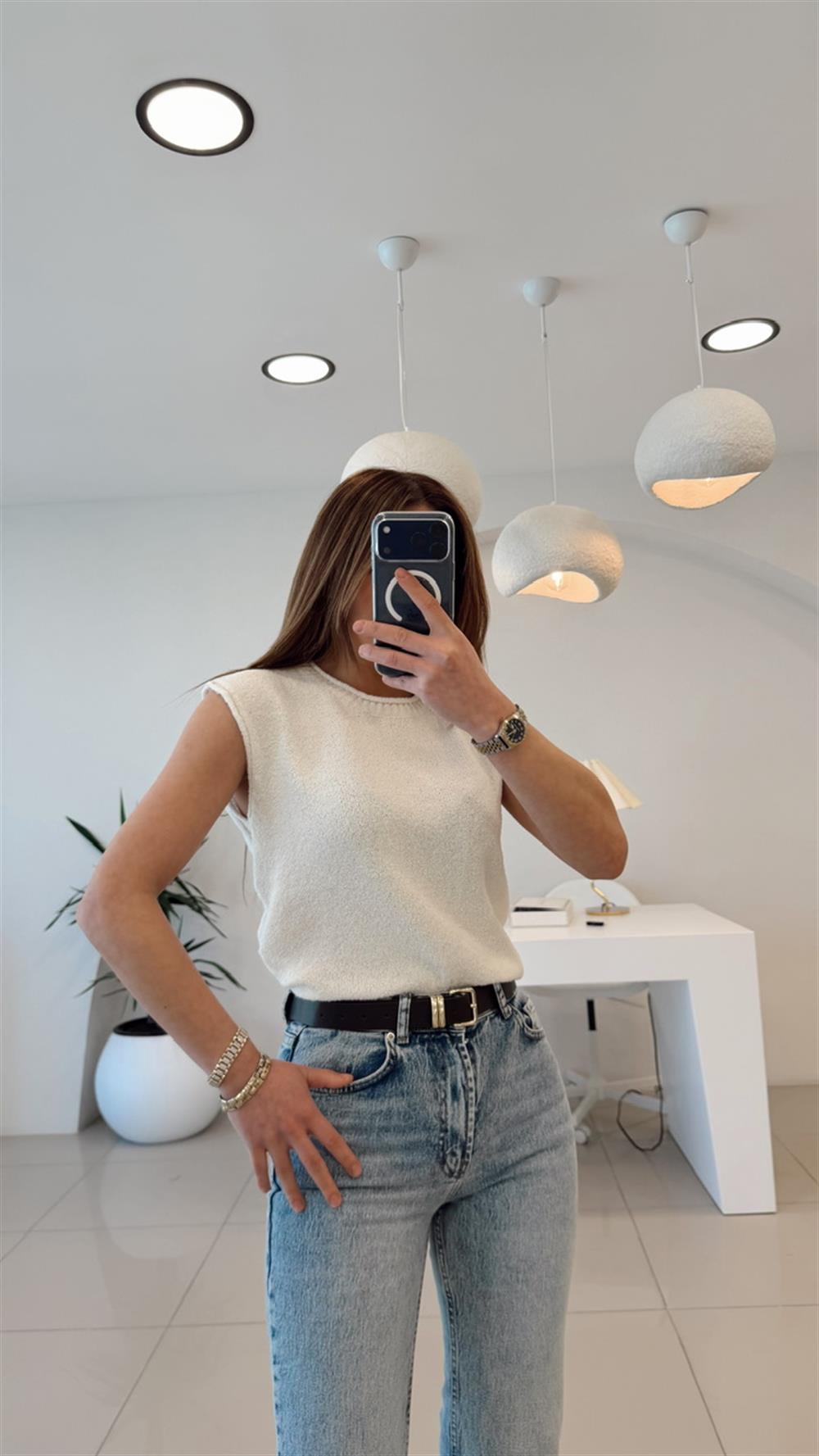 DÜŞÜK KOL EKRU TRİKO BLUZ EKRU