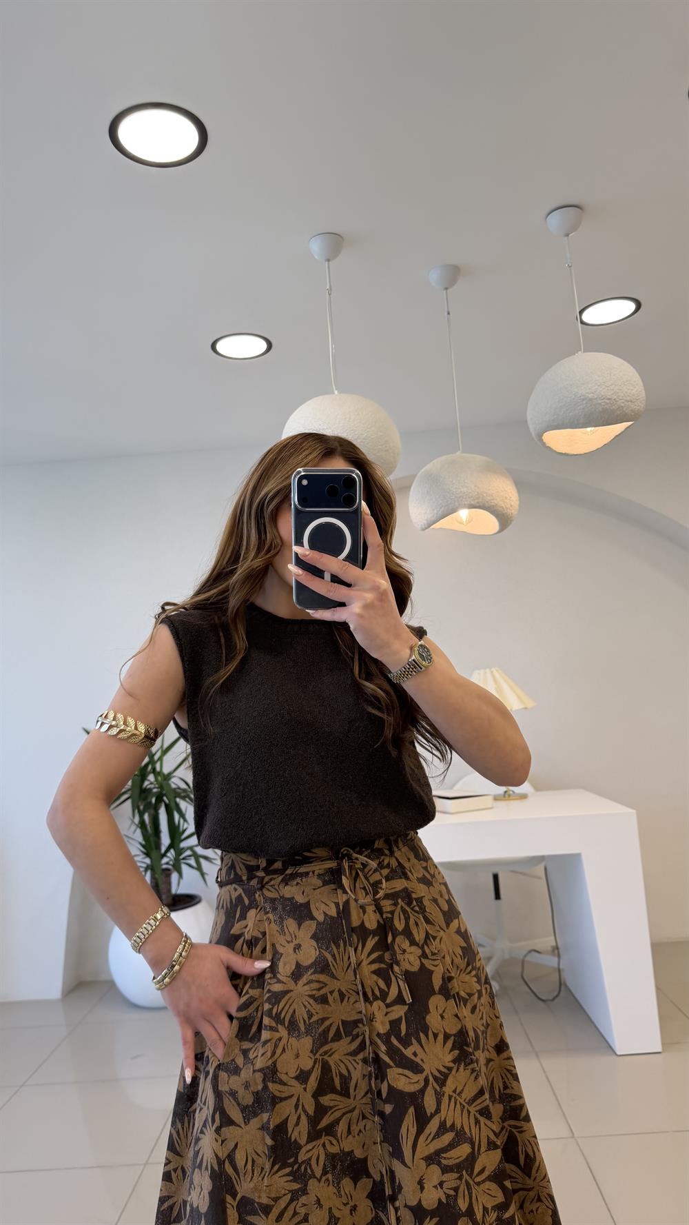 DÜŞÜK KOL KAHVE TRİKO BLUZ KAHVE