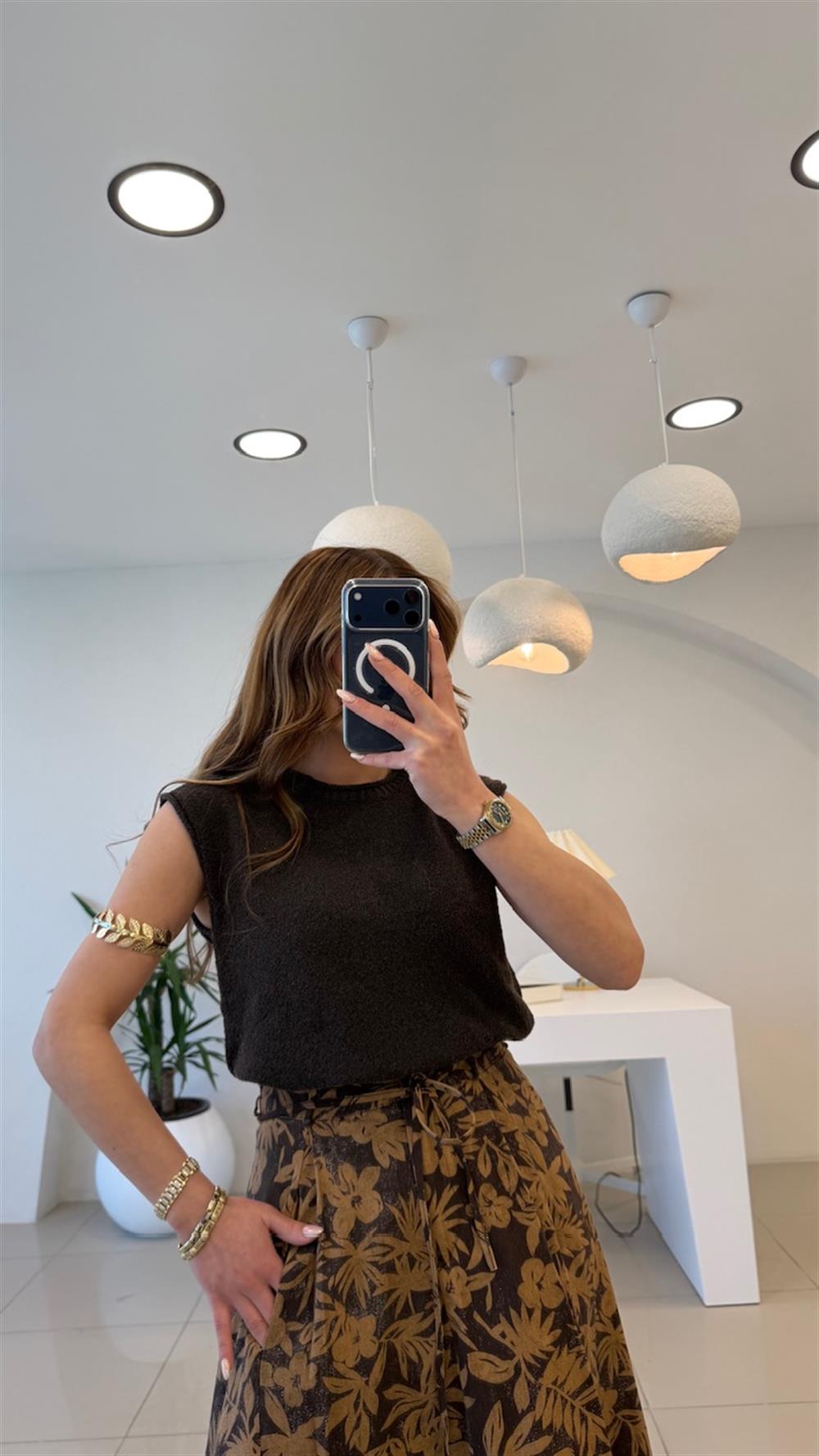 DÜŞÜK KOL KAHVE TRİKO BLUZ KAHVE