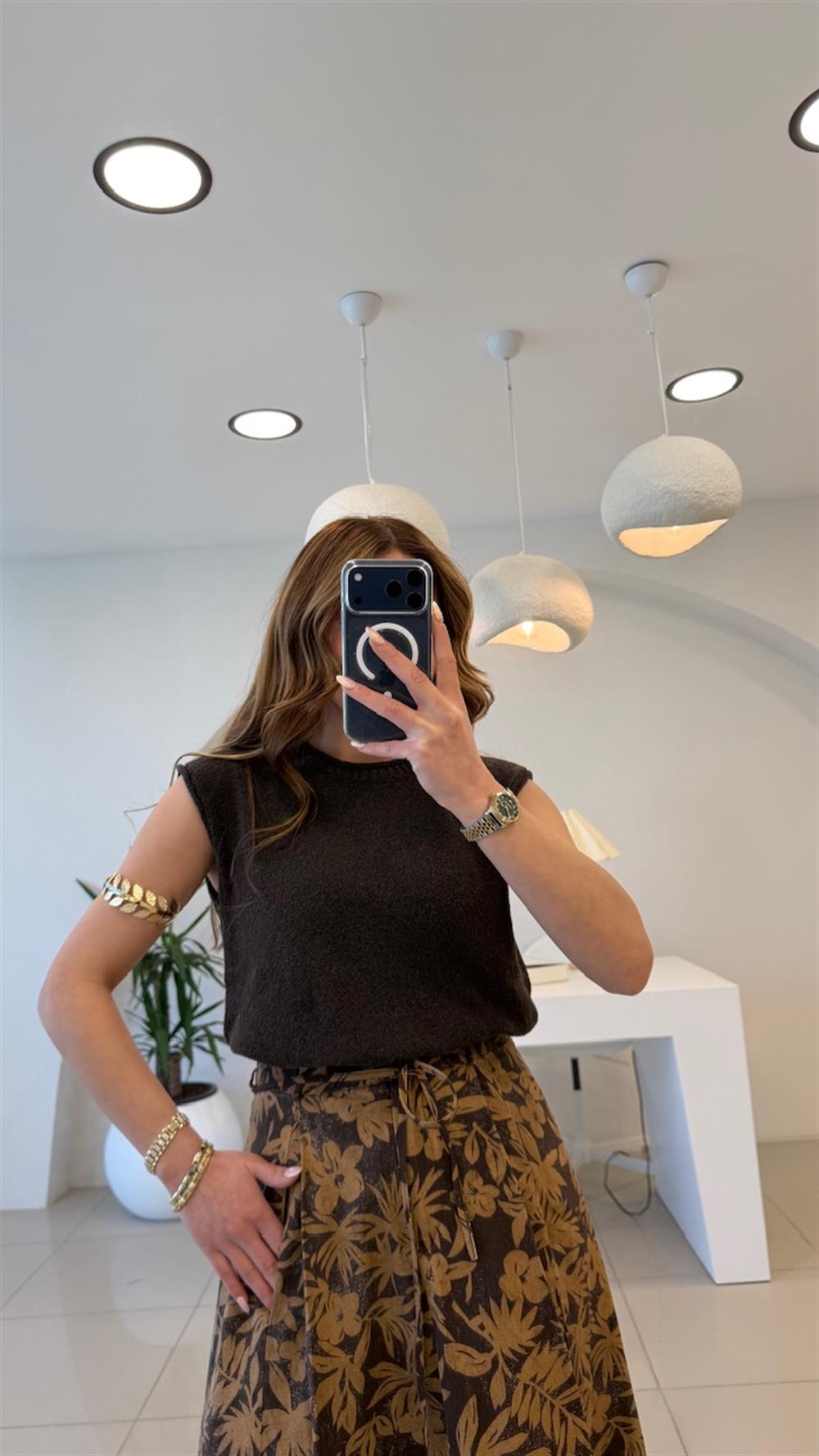 DÜŞÜK KOL KAHVE TRİKO BLUZ KAHVE