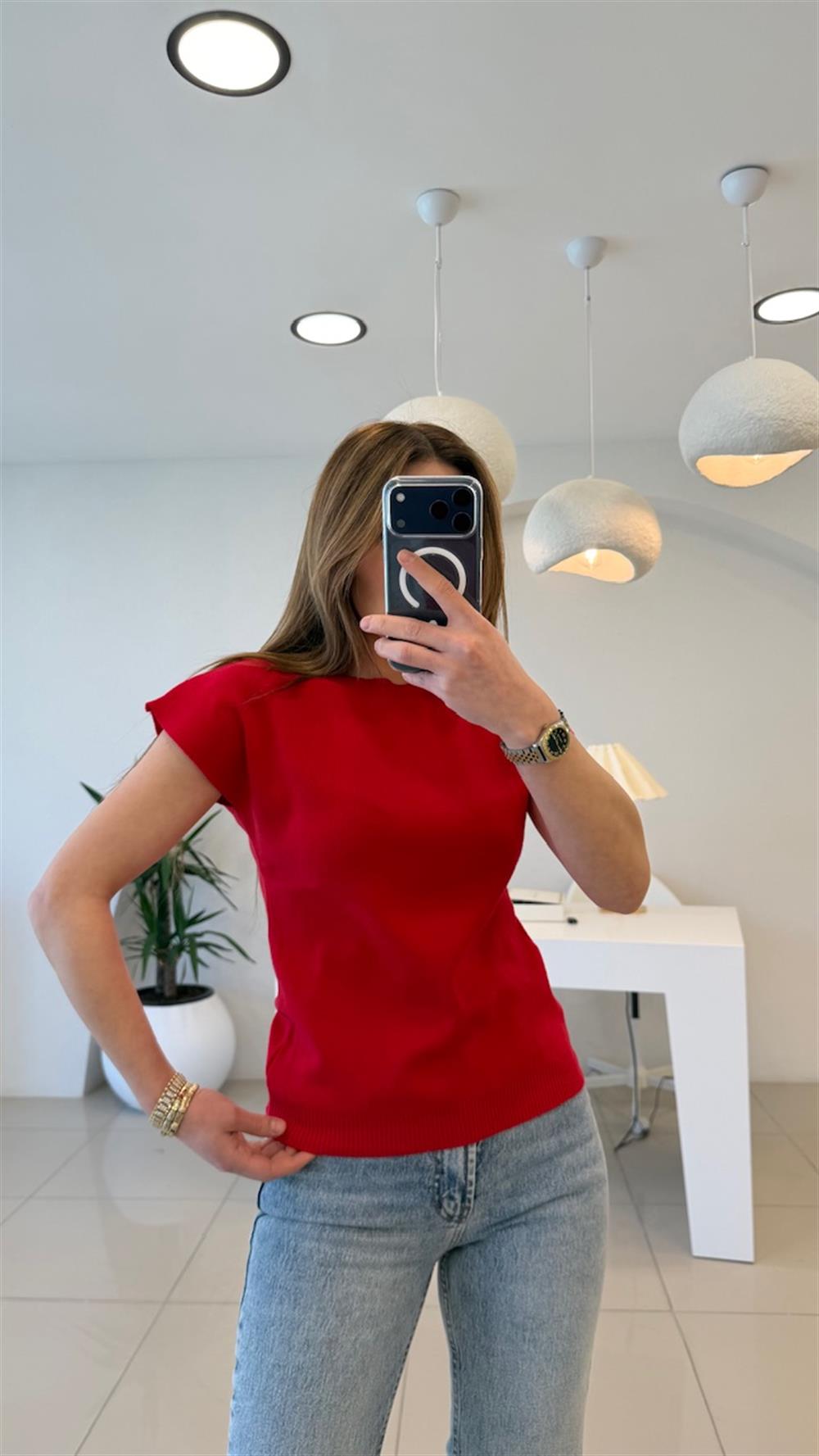 DÜŞÜK KOL KIRMIZI PAMUK TRİKO 