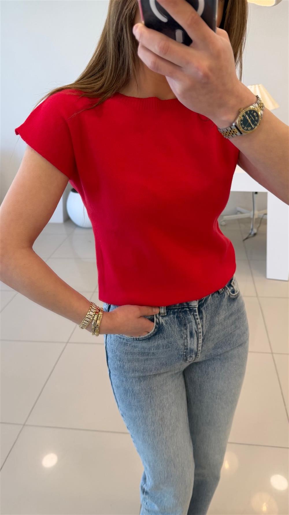 DÜŞÜK KOL KIRMIZI PAMUK TRİKO 