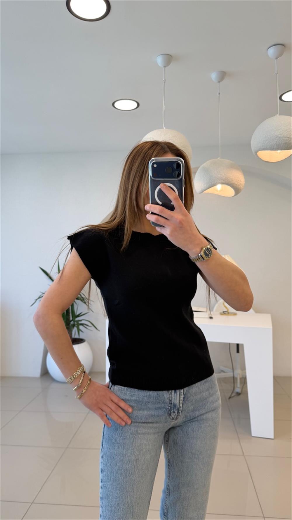 DÜŞÜK KOL SİYAH PAMUK TRİKO 