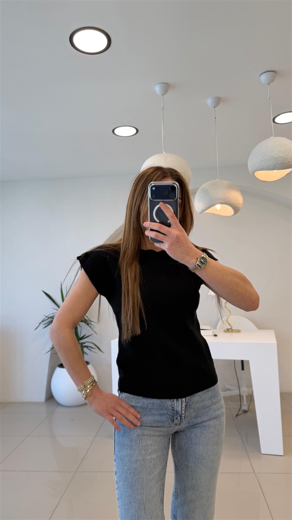 DÜŞÜK KOL SİYAH PAMUK TRİKO 