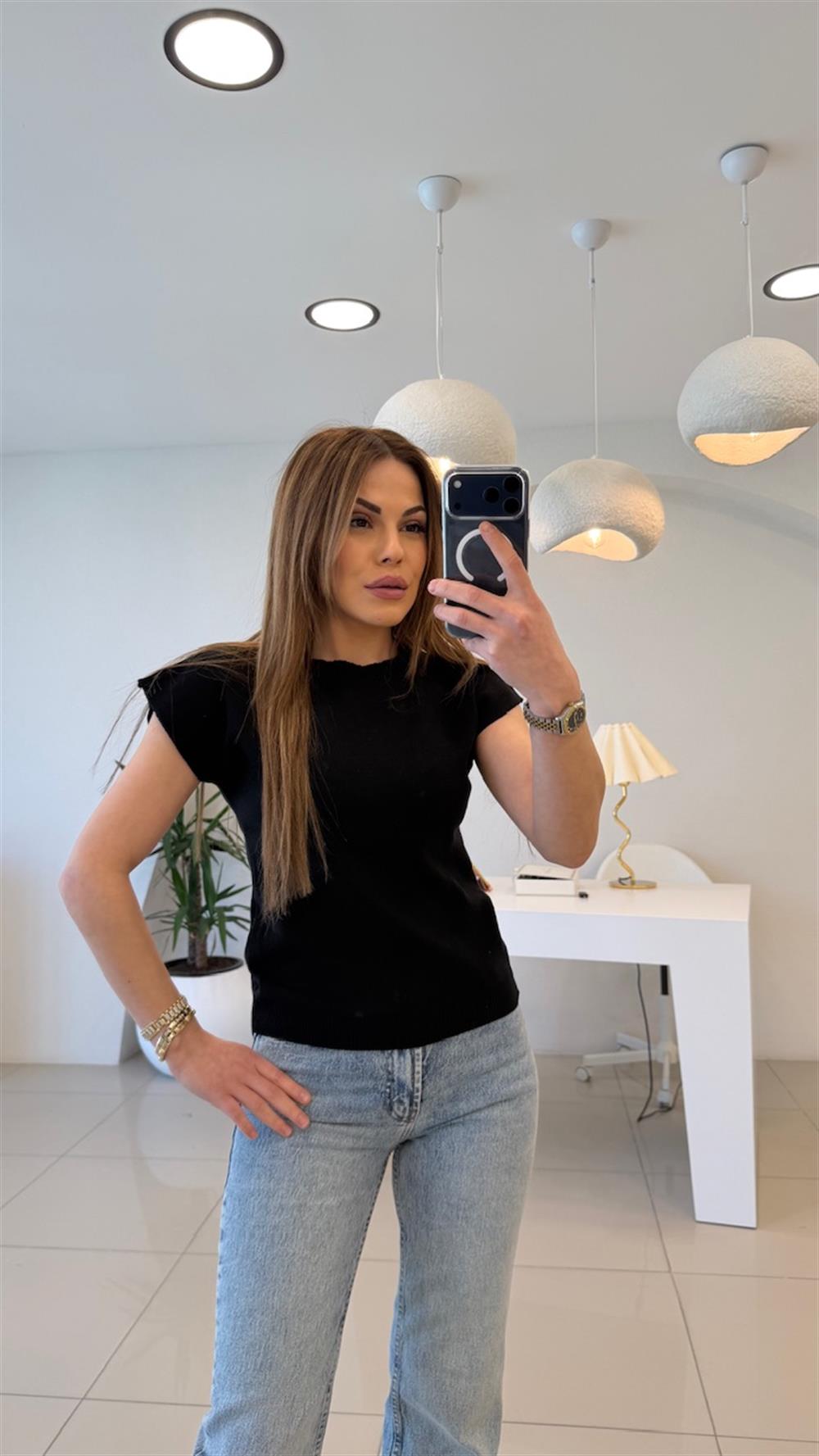 DÜŞÜK KOL SİYAH PAMUK TRİKO 