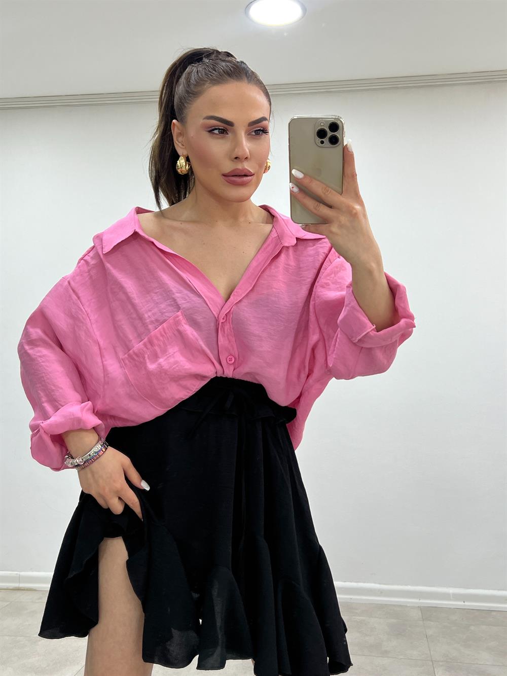Düşük Omuzlu Oversi̇ze Gömlek Pembe