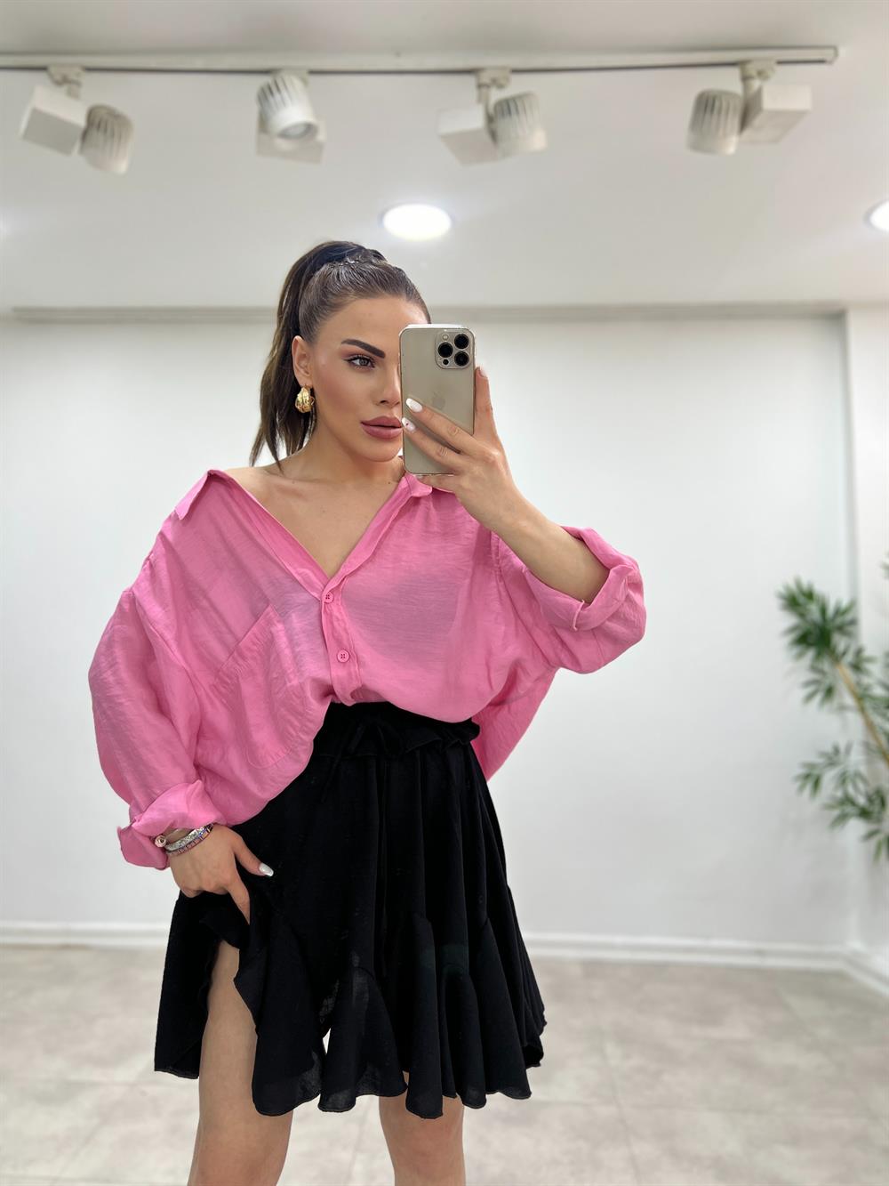 Düşük Omuzlu Oversi̇ze Gömlek Pembe