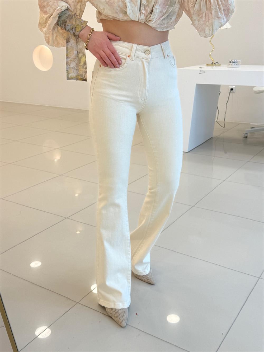 İspanyol Paça Toparlayici Pantolon Ekru