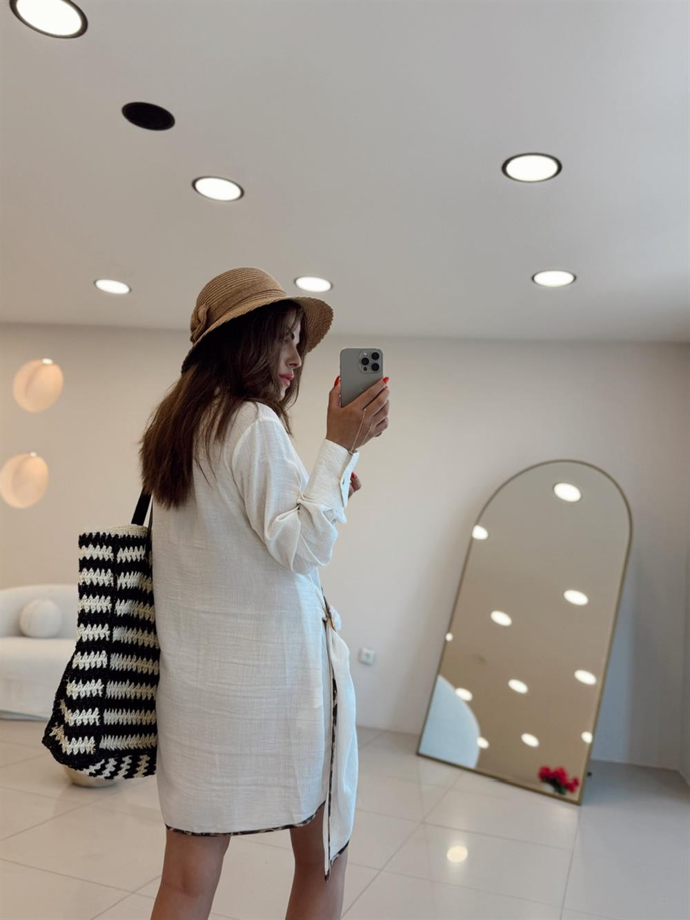 Ekru Leopar  Anvelop Detaylı Elbise