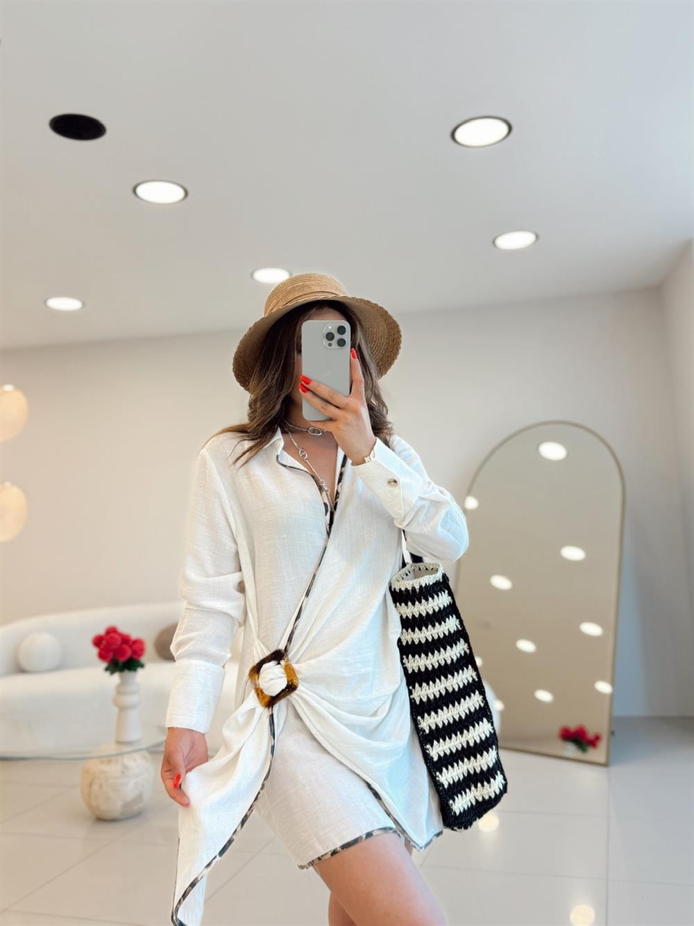 Ekru Leopar  Anvelop Detaylı Elbise