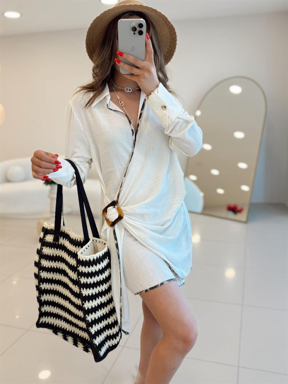 Ekru Leopar  Anvelop Detaylı Elbise