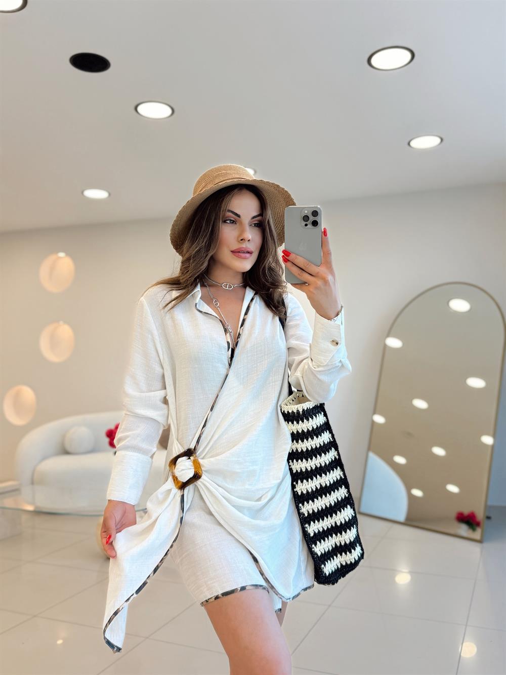 Ekru Leopar  Anvelop Detaylı Elbise