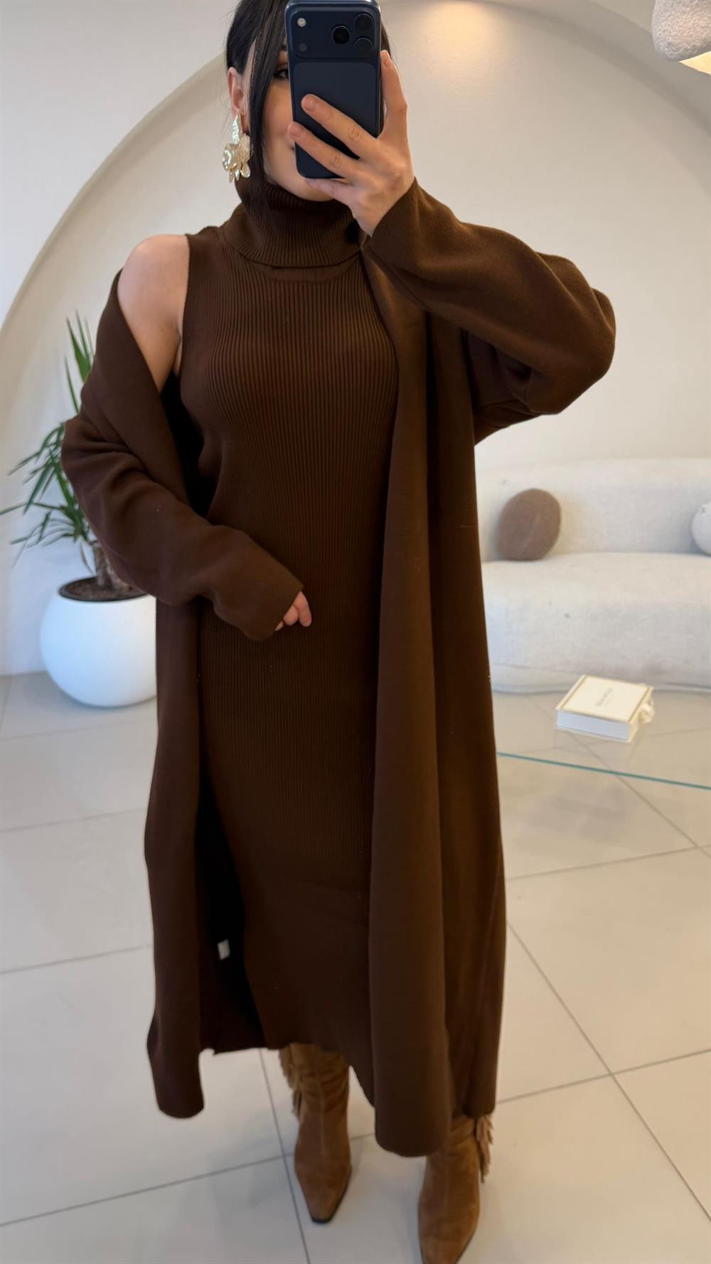 ELBİSE HIRKA TRİKO TAKIM KAHVE