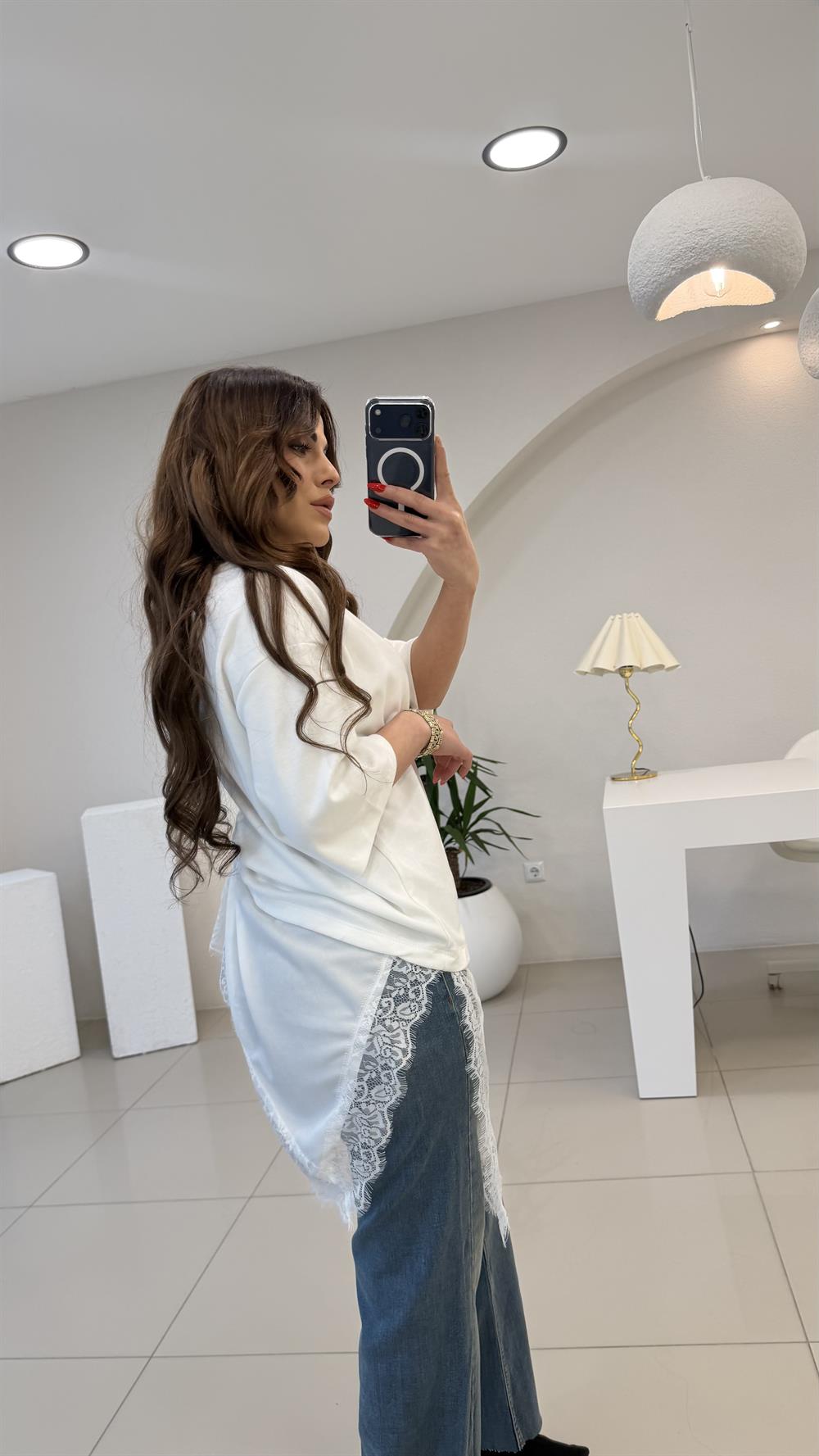 ETEK UCU DANTELLİ ASİMETRİK TSHIRT BEYAZ