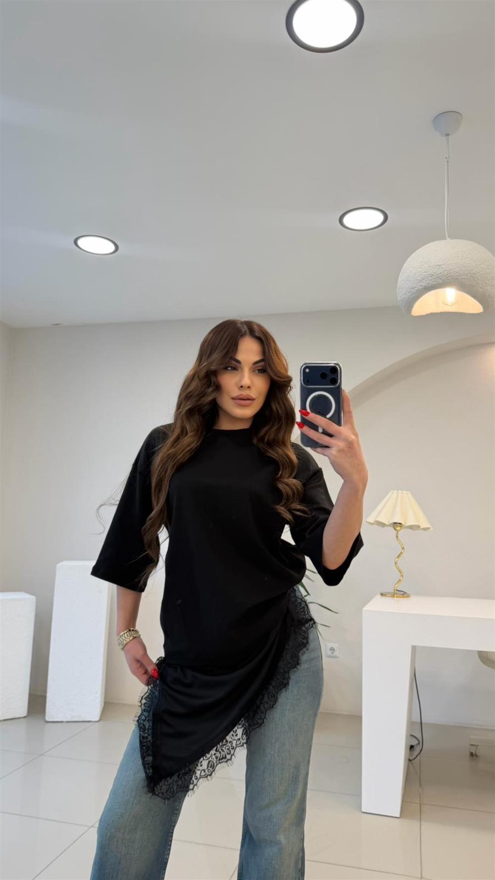 ETEK UCU DANTELLİ ASİMETRİK TSHIRT SİYAH