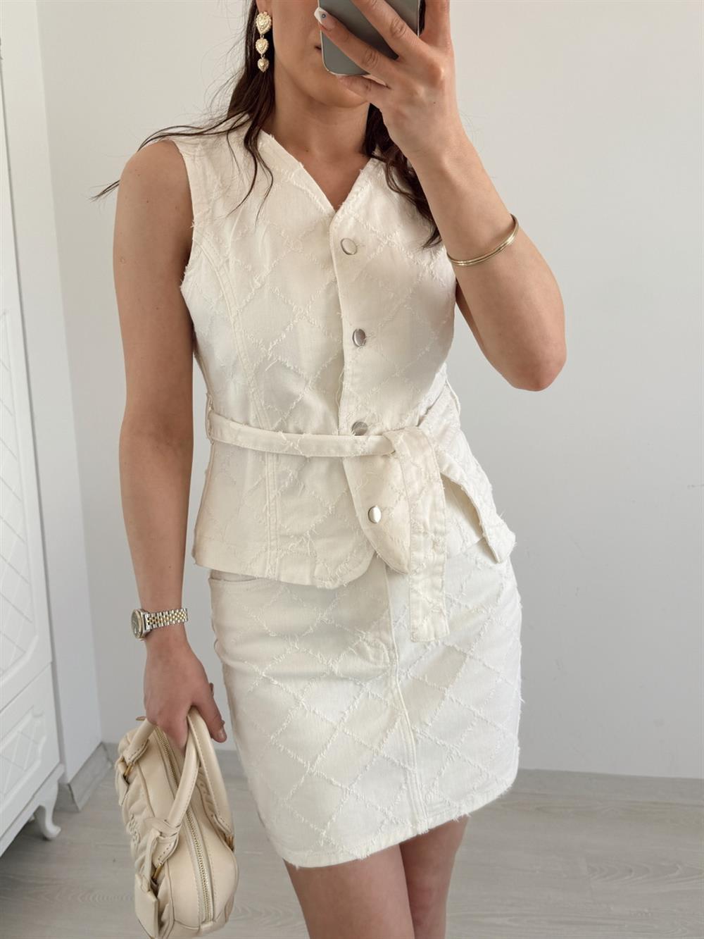 ETEK YELEK DENİM TAKIM EKRU