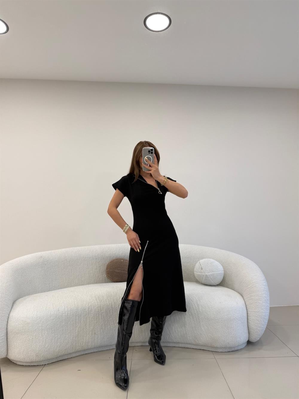 FERMUAR DETAYLI DİK YAKA ELBİSE SİYAH