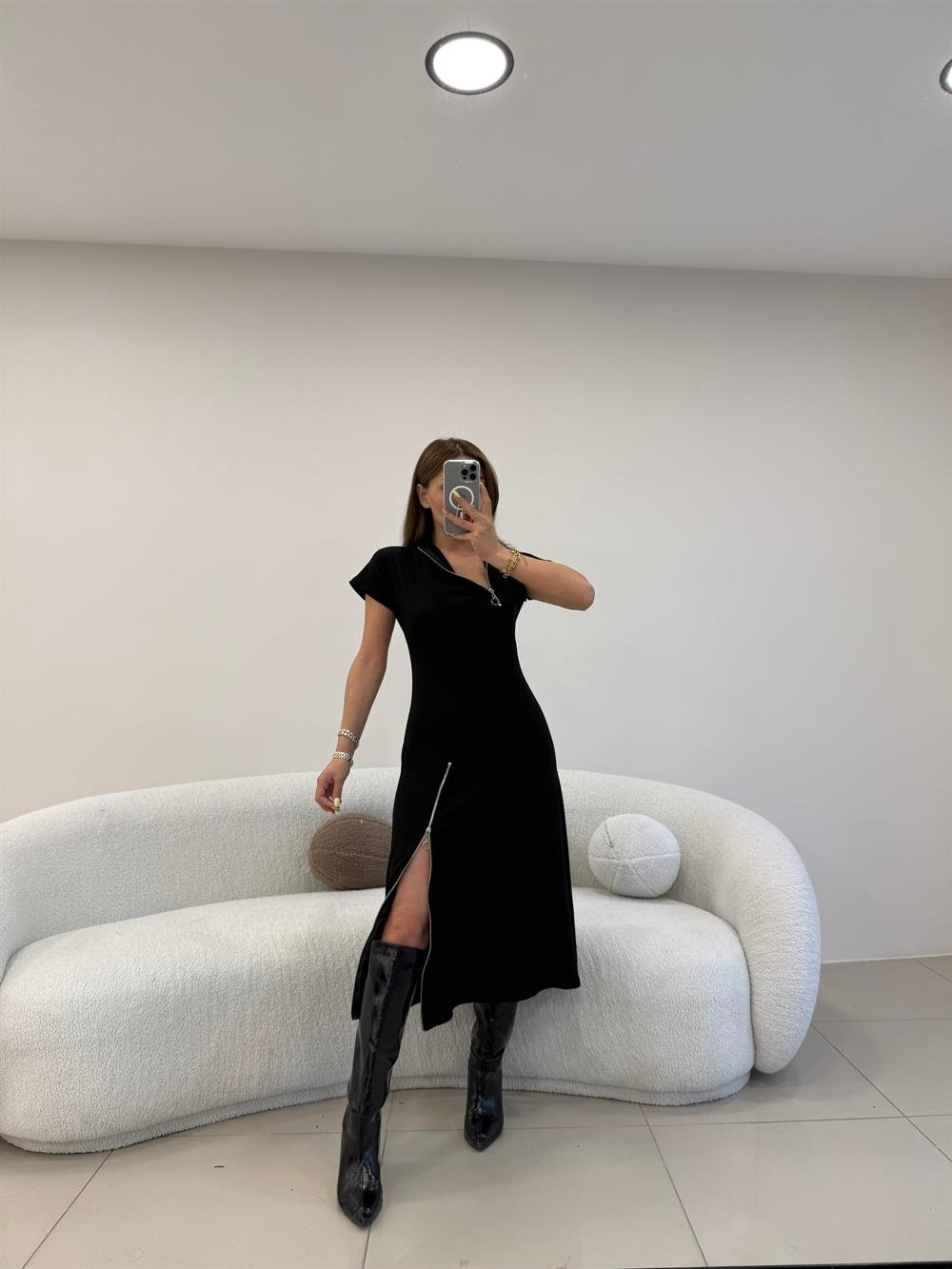 FERMUAR DETAYLI DİK YAKA ELBİSE SİYAH