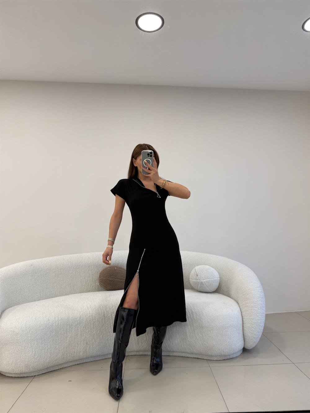 FERMUAR DETAYLI DİK YAKA ELBİSE SİYAH
