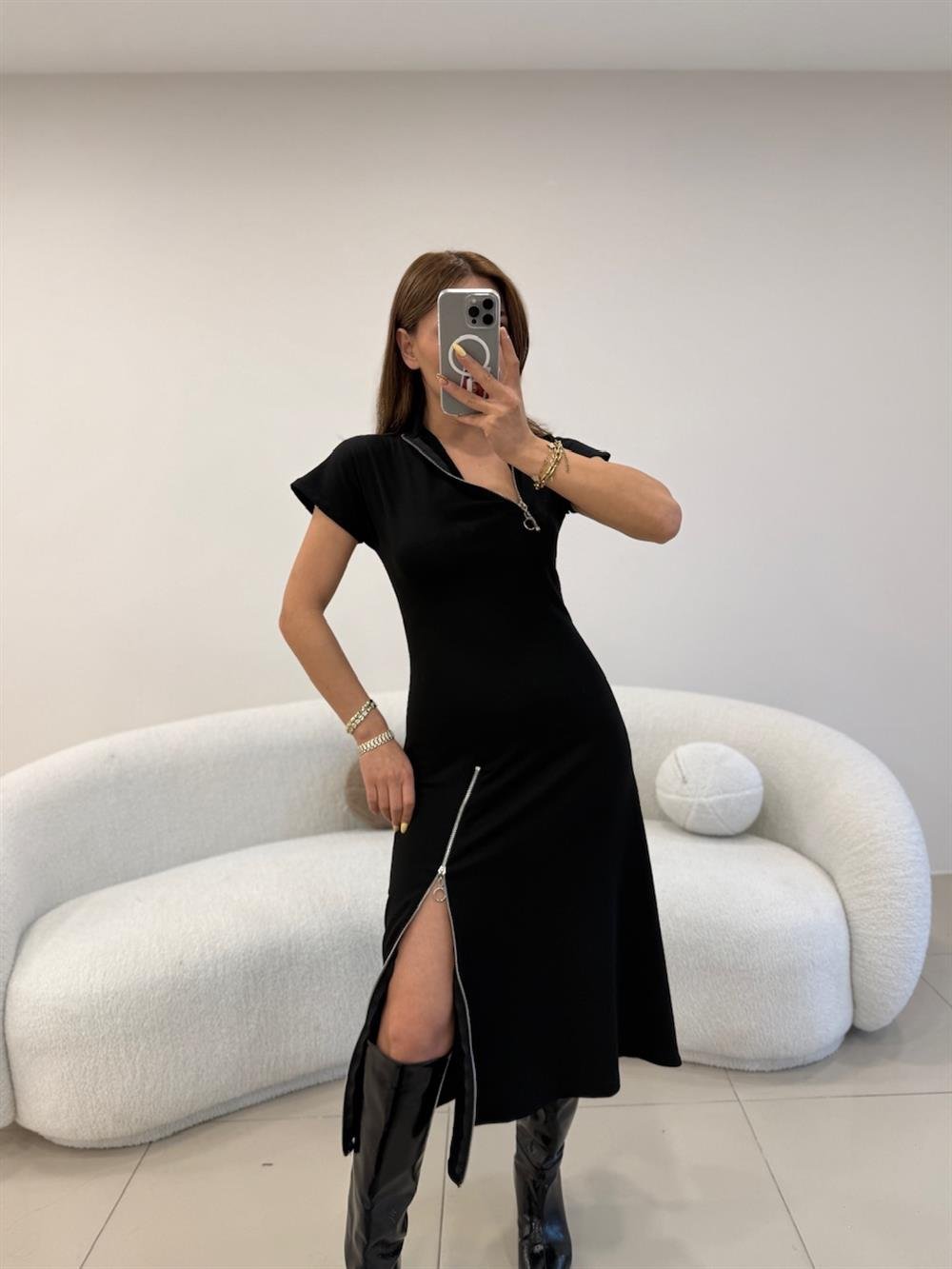 FERMUAR DETAYLI DİK YAKA ELBİSE SİYAH