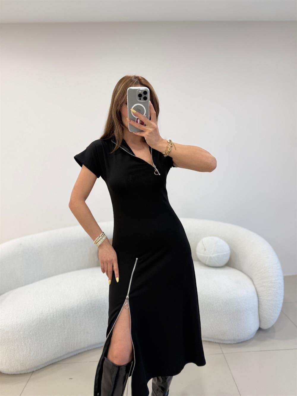 FERMUAR DETAYLI DİK YAKA ELBİSE SİYAH