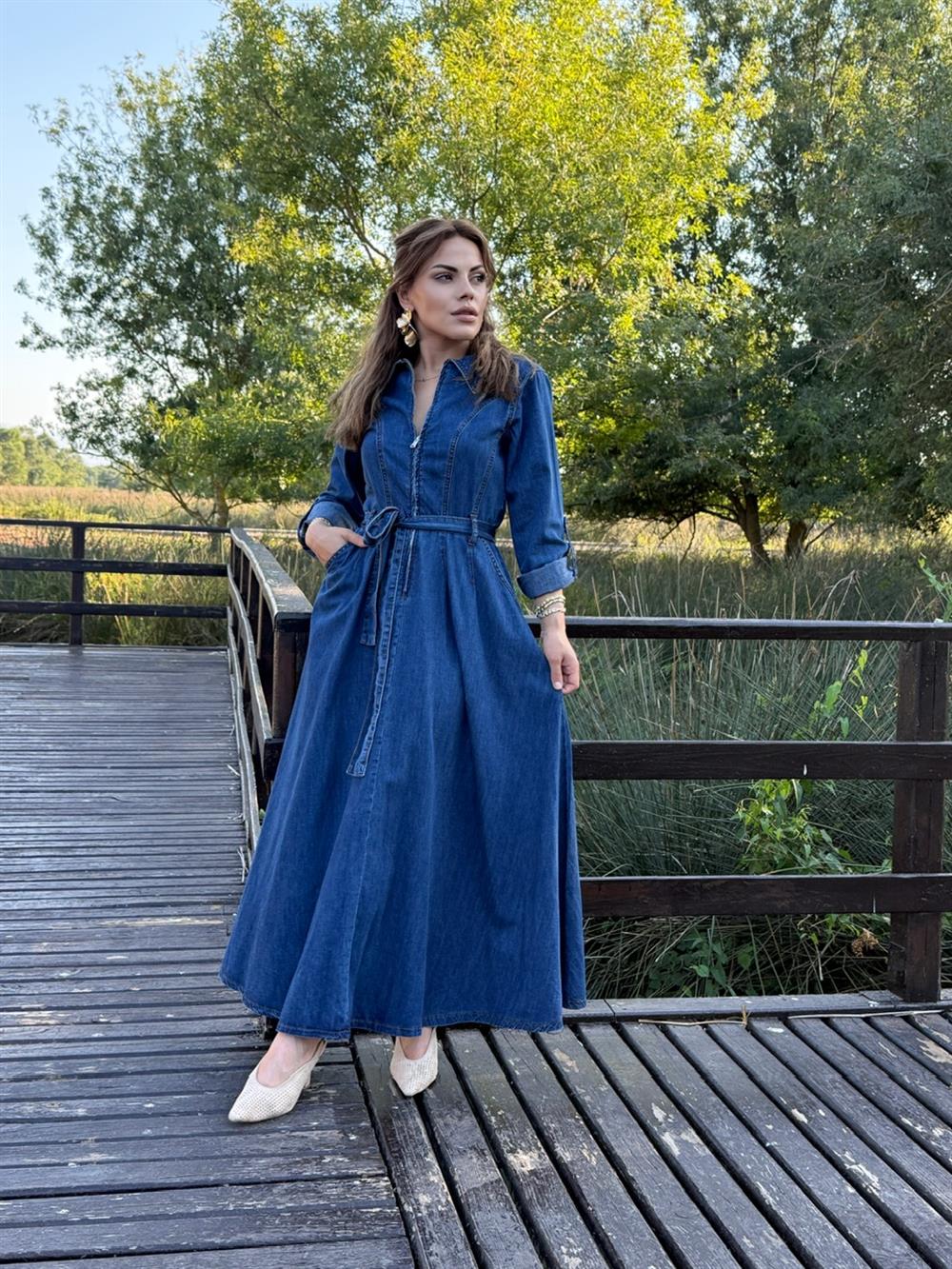 FERMUAR VE KUŞAK DETAYLI UZUN KOL DENİM ELBİSE LACİVERT