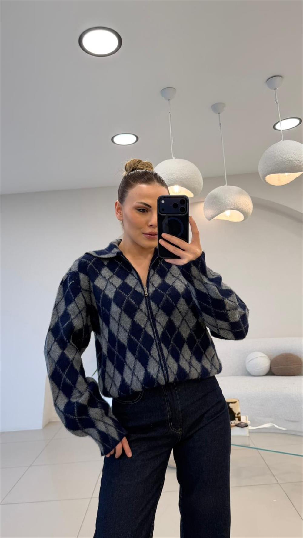 FERMUARLI BAKLAVA DESEN LACİVERT HIRKA